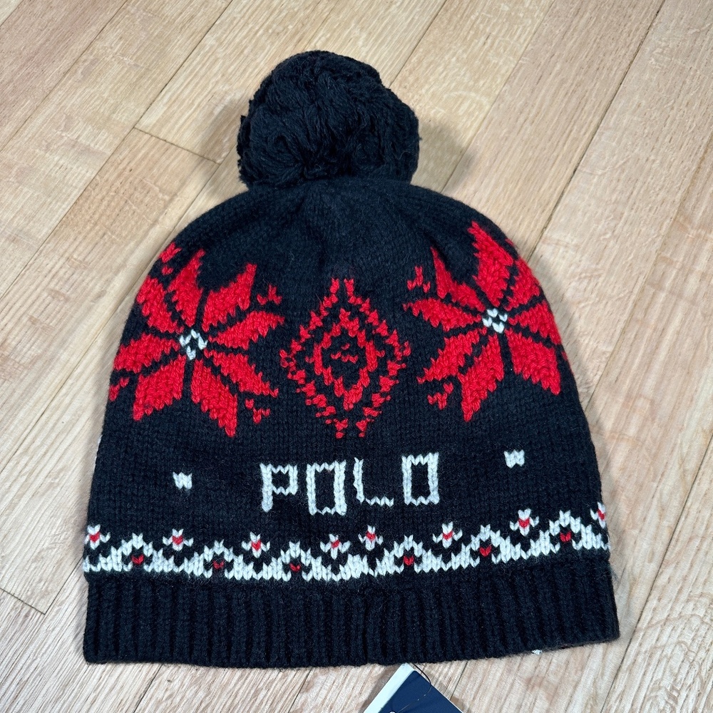 Polo Ralph Lauren Beanie Black Red One Size 7-16 Brand New With Tags